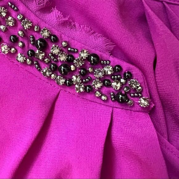 T Tahari Magenta Fuchsia Silky Beaded Mandarin Collar Blouse Tunic XS - Picture 4 of 9